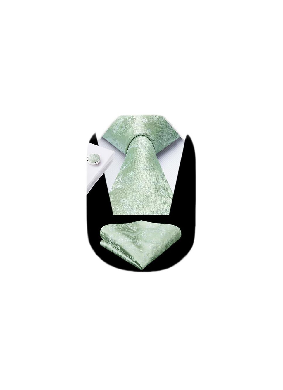 1630 Tie Green Ties & Pocket Square Cufflinks Set Floral Light Green